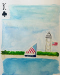 Original watercolor of a USA sailboat and lighthouse