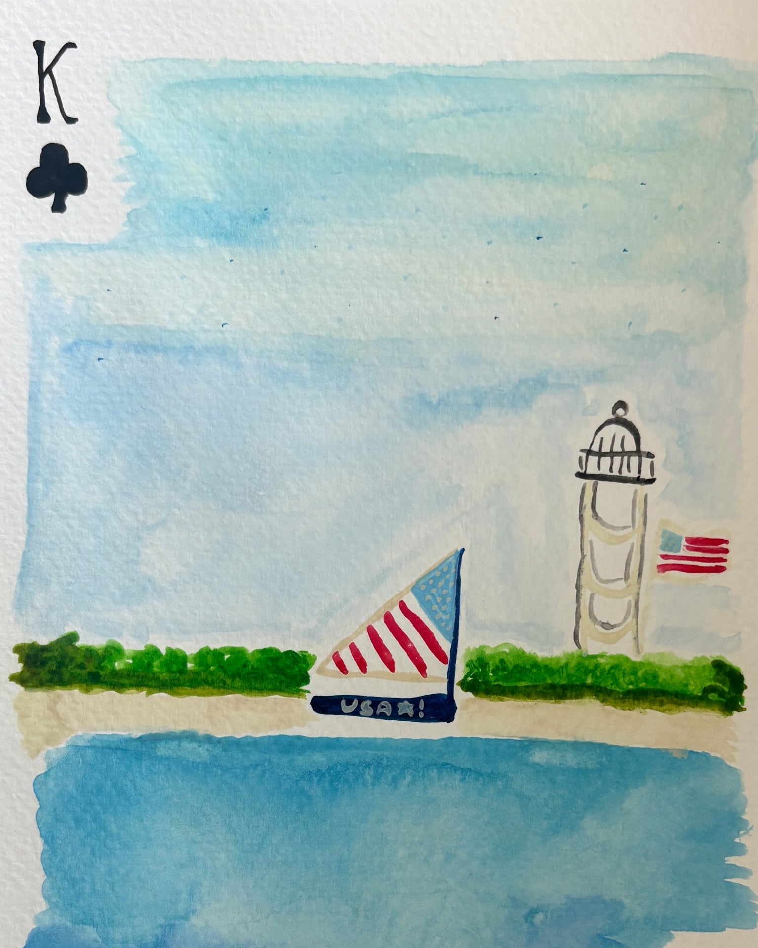 Original watercolor of a USA sailboat and lighthouse