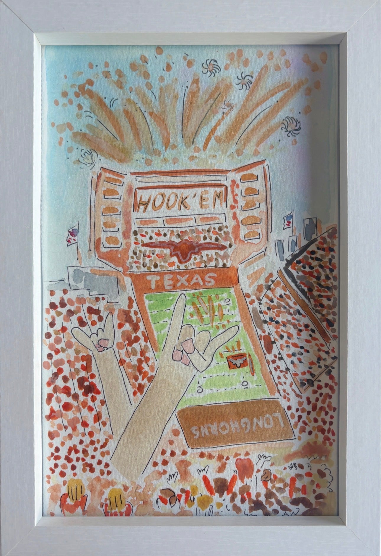 Original watercolor of Texas Longhorns Hook'em stadium