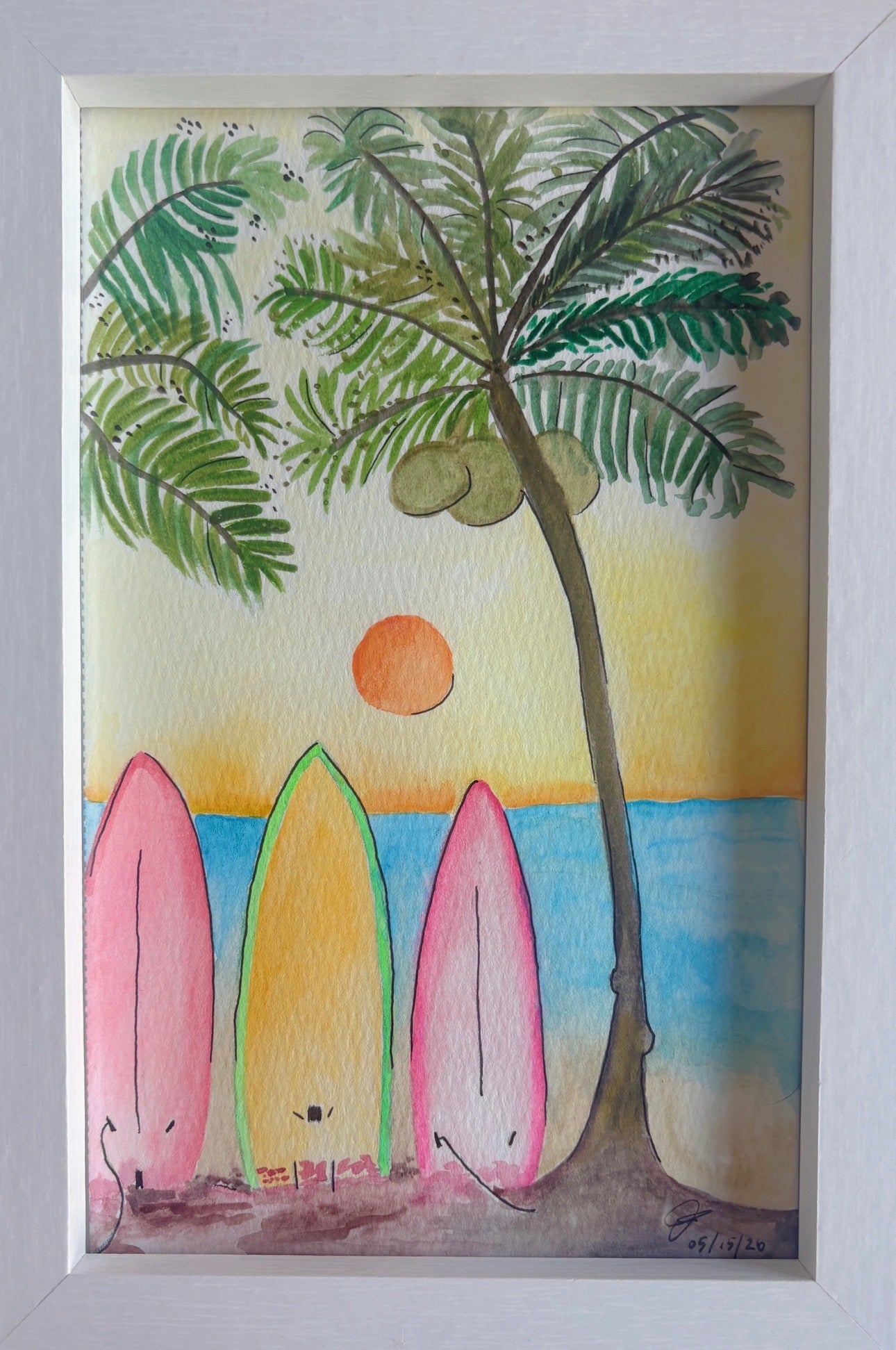 Original watercolor of surfboards under a palm tree at sunset