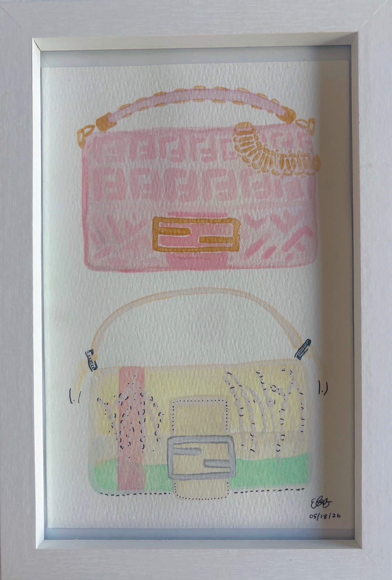 Original watercolor of two baguette handbags