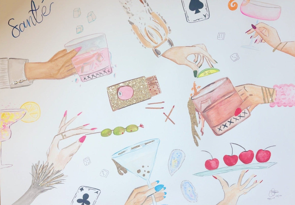 A square white art print or poster featuring a watercolor collage of illustrated hands holding cocktails, cherries, olives, playing cards, and a pink drink, laid flat on a light wood floor. The word 'Santor' appears in script at the top right.