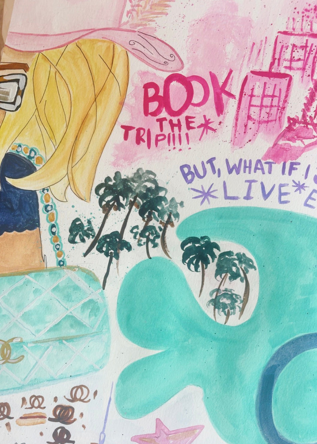 A close-up of a colorful illustrated surface featuring a blonde woman in a pink hat, the words 'BOOK THE TRIP', palm trees, a large teal abstract shape, stars, and other pastel doodles.
