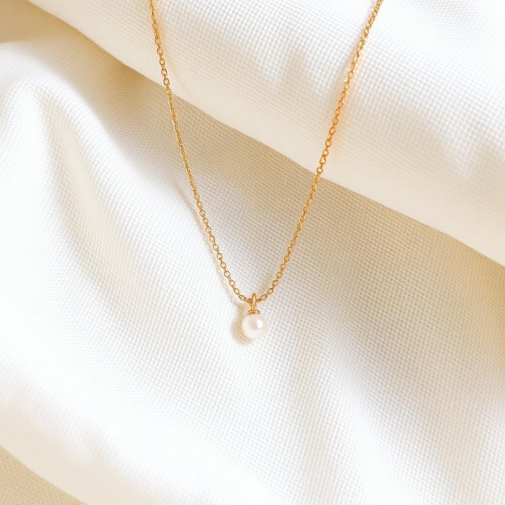 Gold pearl drop necklace on cream linen